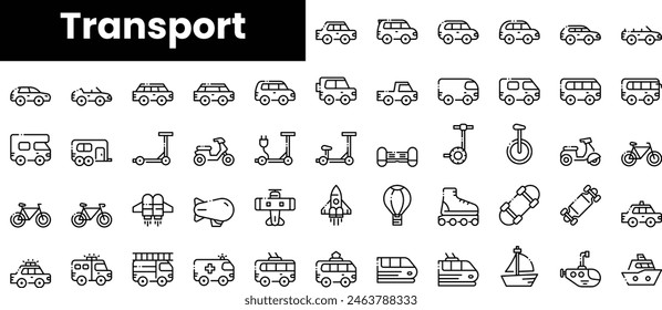 Conjunto de iconos de transporte de esquema. Conjunto de iconos de Web lineal fino minimalista. Ilustración vectorial.