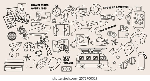 Set outline of travel elements hand drawn with lettering