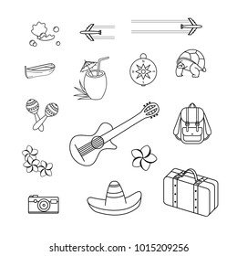 Set of outline travel stuff illustrations isolated on white background. Travel theme doodle icons. Vector objects for brochure, sticker, website, poster, banner, card, pattern, travel kit, guide