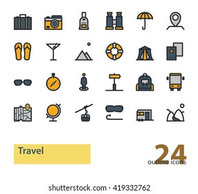 Set of outline travel and tourism icons.