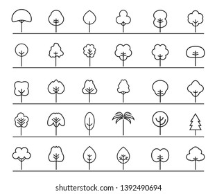 Set of outline Tree icon. Abstract Tree thin icons. Outline linear Plants. Editable stroke fill. Tree simple isolated vector symbol. Vector Illustration. Plants and garden.