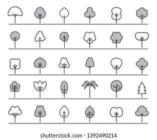Set of outline Trees icons. Vector Illustration. Plants and garden.