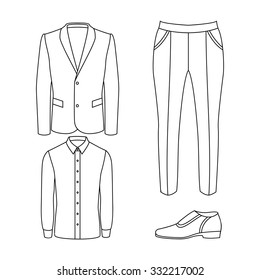 Set of outline trendy men's clothes with pants, jacket, shirt and accessories. Vector illustration