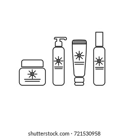 Set of Outline tubes and bottles sun protection vector icon.