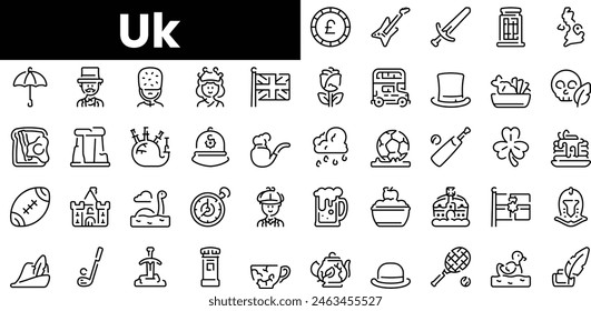 Conjunto de iconos de esquema uk. Conjunto de iconos de Web lineal fino minimalista. Ilustración vectorial.