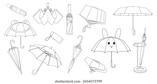 Conjunto de ilustrações gerais em vários estilos e posições. Arte de linha preta e branca desenhada à mão, ótima para livros de colorir, clima e projetos de design de moda.