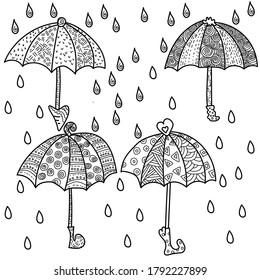 Set of outline umbrellas with abstract patterns, raindrops silhouette and spiral pattern, antistress coloring page, vector hand draw illustration for design and creativity
