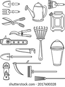 set outline various house gardening tools isolated in white background