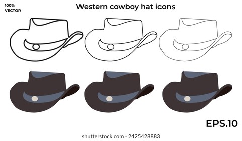 A set of outline and vector black Western cowboy hat icons
