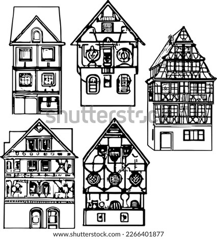 Set Of Outline Vector Drawings Of Old German Houses Icons. Handmade vector art.