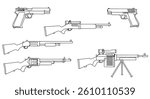 Set of Outline Vector Guns and Firearms - Hand Drawn Military Weapon Collection Including Pistols, Rifles, Shotguns, and Machine Guns - Black and White Line Art Illustrations