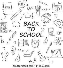 Set of  outline vector hand-drawn items. Back to school in a doodle style.