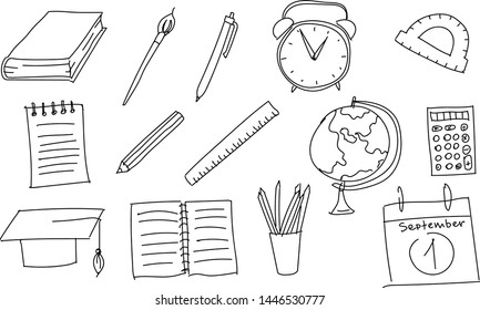 Set of  outline vector hand-drawn items. Back to school in a doodle style.