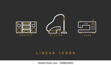 Set of outline vector home appliances icons for web design in simple linear style isolated on black background