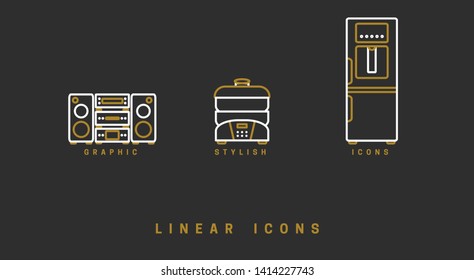Set of outline vector home appliances icons for web design in simple linear style isolated on black background