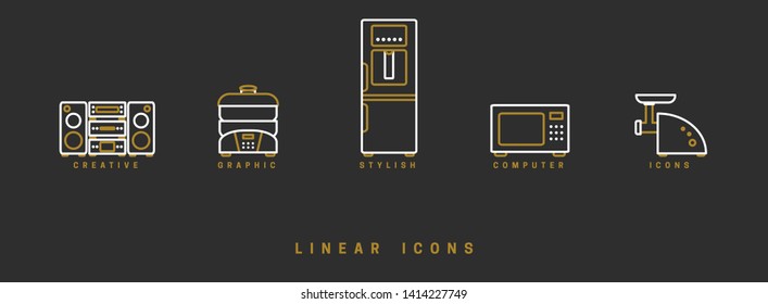 Set of outline vector home appliances icons for web design in simple linear style isolated on black background