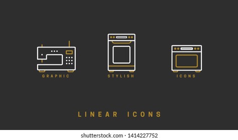 Set of outline vector home appliances icons for web design in simple linear style isolated on black background