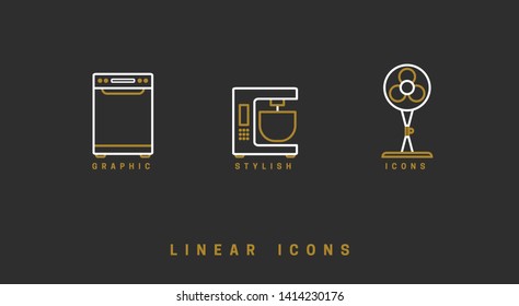 Set of outline vector home appliances icons for web design in simple linear style isolated on black background