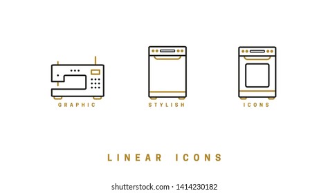 Set of outline vector home appliances icons for web design in simple linear style isolated on white background