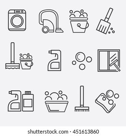 Set of outline vector icons of cleaning. Cleaning service outline icons. Washing machine, foam washing Windows, mopping floors, MOP, broom, vacuum cleaner, cleaning supplies