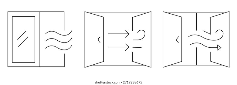 A set of outline vector icons demonstrating ventilation, showing airflow and fresh air exchange through open windows and doors, essential for maintaining proper room climate and air quality.
