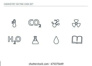 A set of outline vector icons on a theme school education. Subject chemistry. Bulb, formulas, test tubes, radiation, drop, book.