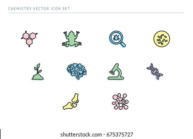 A set of outline vector icons on a theme school education. The subject of biology. Frog, virus, brain, microscope, joint, plant.