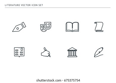 A set of outline vector icons on a theme school education. Subject literature. Pen, theater, mask, book.
