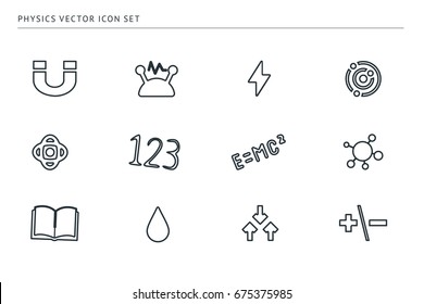 A set of outline vector icons on a theme school education. The subject of physics. Magnet, formulas, veil, core.