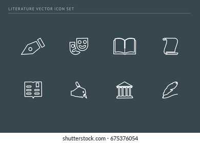 A set of outline vector icons on a theme school education. Subject literature. Pen, theater, mask, book.