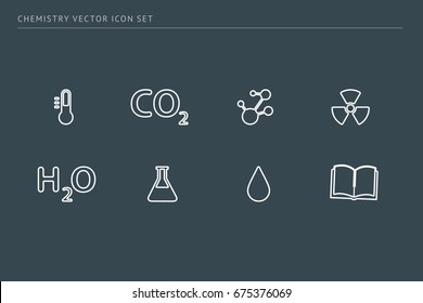 A set of outline vector icons on a theme school education. Subject chemistry. Bulb, formulas, test tubes, radiation, drop, book.