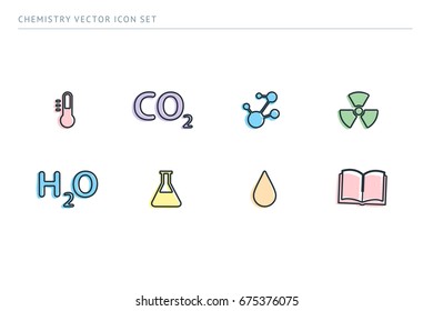 A set of outline vector icons on a theme school education. Subject chemistry. Bulb, formulas, test tubes, radiation, drop, book.
