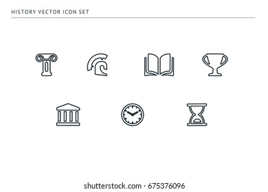 A set of outline vector icons on a theme school education. The subject is history. Column, clock, helmet, amphitheater.