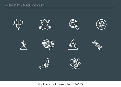 A set of outline vector icons on a theme school education. The subject of biology. Frog, virus, brain, microscope, joint, plant.
