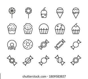 Set of Outline Vector Icons Related With Candy, Sweets. Modern Style, Premium Quality.