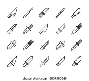 Set of Outline Vector Icons Related Knifes, Blades.  Modern Style, Premium Quality.