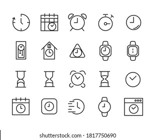 Conjunto de iconos del vector de contorno relacionados con el reloj, tiempo. Estilo Moderno, Calidad Premium.