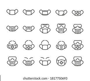Set of Outline Vector Icons Related With Mask, medical prevention. Modern Style, Premium Quality.