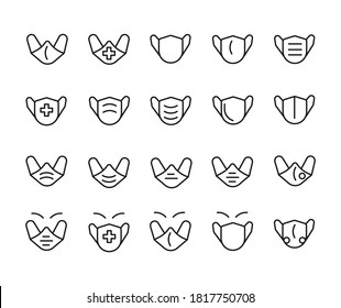 Set of Outline Vector Icons Related With Mask, medical prevention. Modern Style, Premium Quality.