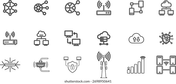 Conjunto de ícones vetoriais de tópicos que representam rede, conexão, tecnologia sem fio e computação em nuvem