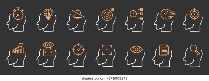 Conjunto de ícones vetoriais de contorno representando foco, concentração, produtividade e conceitos de desempenho mental. Silhuetas de cabeça humana com símbolos de atenção, gerenciamento de tempo, definição de metas, planejamento, eficiência e trabalho profundo. Ilustrações de estilo de linha mínima para negócios, psicologia, autoaperfeiçoamento, fluxo de trabalho, educação e projetos de motivação.