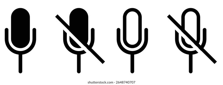 set of outline and vector icons showing microphone and muted microphone. minimal black line symbols for audio, voice input, podcast, mute and sound settings. icons, vector, symbols.
