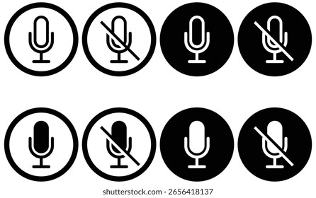 Satz von Konturen und Vektorsymbolen, die Mikrofon und stummgeschaltetes Mikrofon anzeigen. minimale schwarze Liniensymbole für Audio-, Spracheingabe-, Podcast-, Stumm- und Soundeinstellungen. Symbole, Vektor, Symbole.