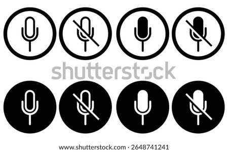 set of outline and vector icons showing microphone and muted microphone into the circle. minimal black line symbols for audio, voice input, podcast, mute and sound settings. icons, vector, symbols.