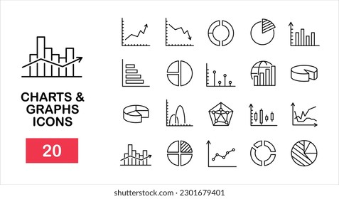 Set of outline vector icons such as charts, diagram and graphs. Business data design elements for web, mobile apps, finance analysis, ui design, presentation, report. Vector illustration