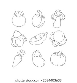 Set of outline vector icons with vegetables in minimalist style. Ideal for menu design, packaging, logos and decorative elements. Black and white stylish illustration.