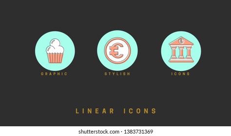Set of outline vector icons for web design in simple linear style isolated on black background.