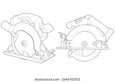 Set of outline vector Illustration of Circular Saw Power Tool. Cordless Handheld Electric Wood Cutter.