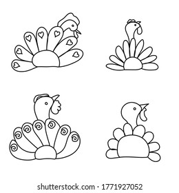 Set of outline vector illustration thanksgiving turkey, hand draw coloring birds back view for design and creativity