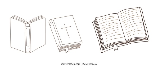 Set of outline vector illustrations with open and closed books, bible